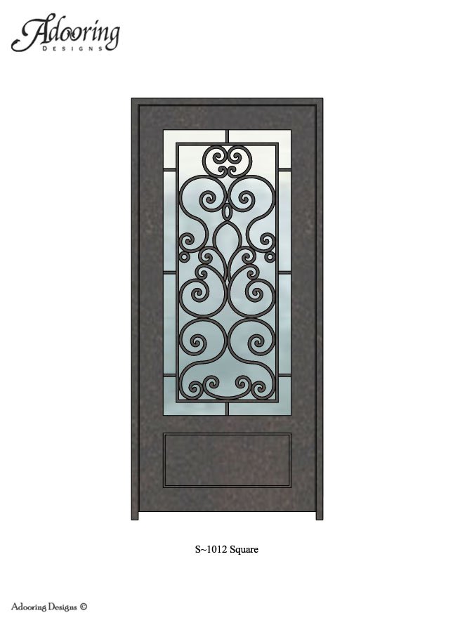 Large window in Square top iron door with complex pattern