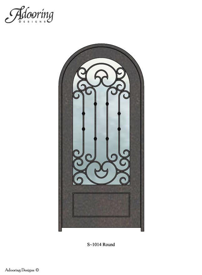 Large window in iron door with Round top and complex design