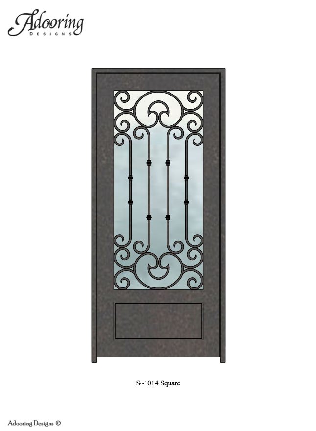 Large window in iron door with Square top and complex design