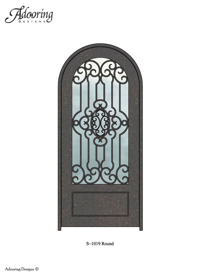 Large window in door with Round top and intricate pattern