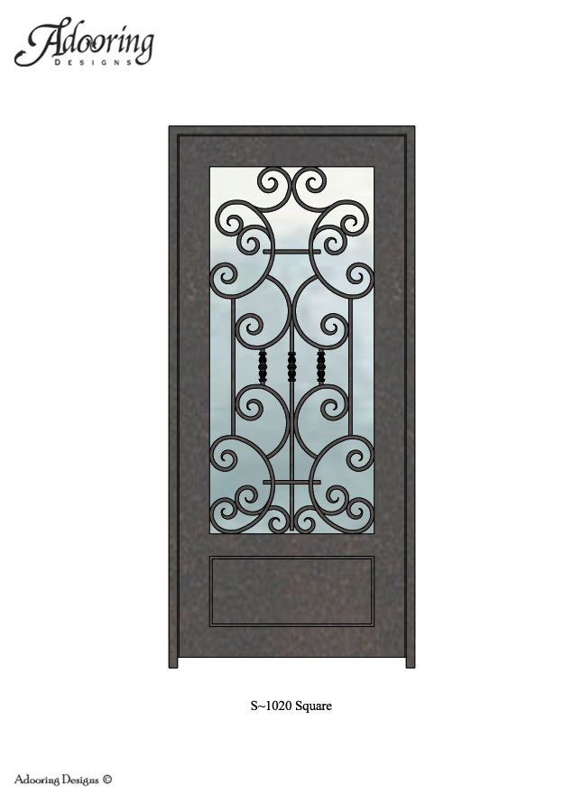 Large window in door with Square top and complex pattern