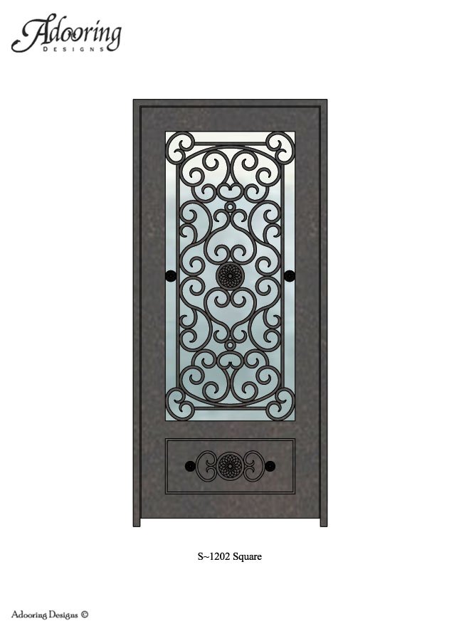 Square top single door with large window and intricate design