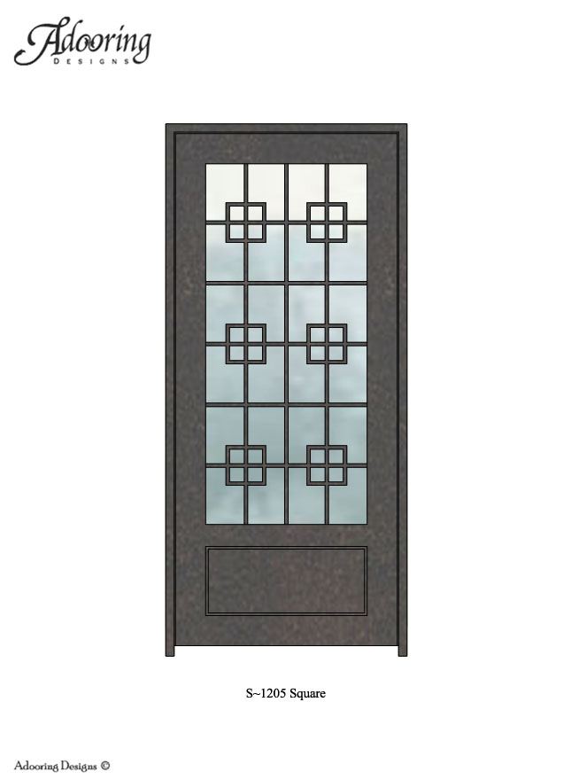 Square top single door with large window and complex pattern