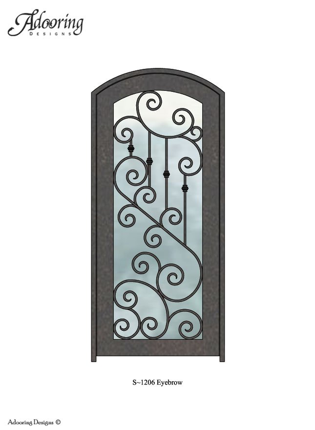 Eyebrow top single iron door with large window and intricate design