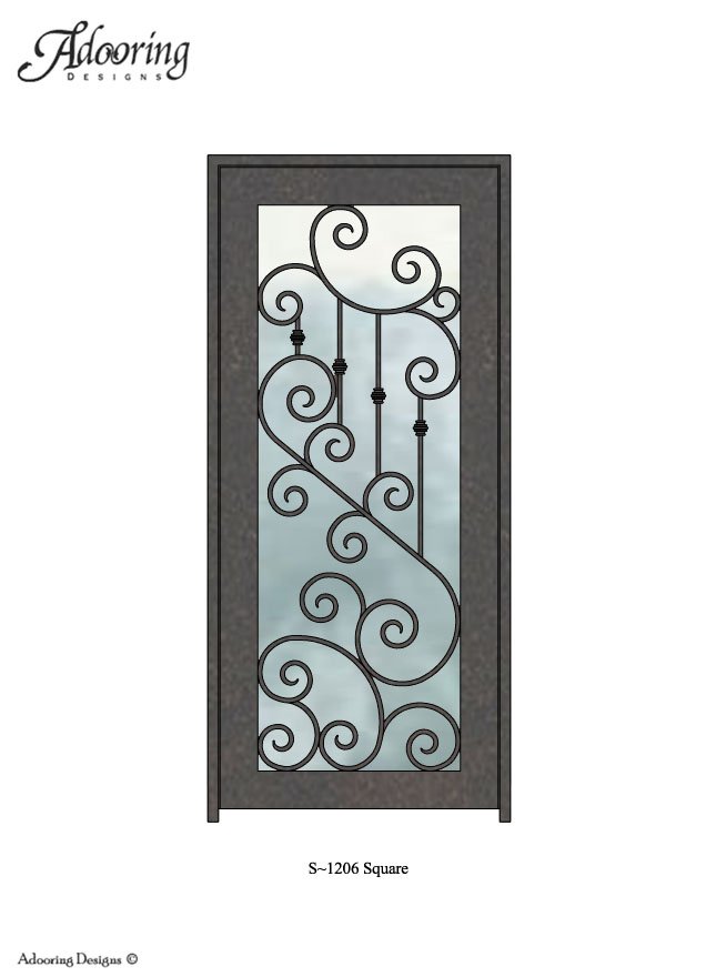 Square top single iron door with large window and intricate design