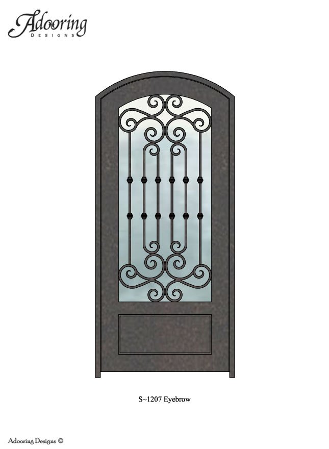 Eyebrow top single iron door with large window and complex design