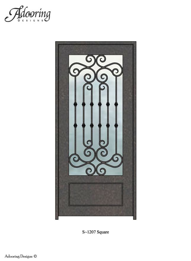 Square top single iron door with large window and complex design