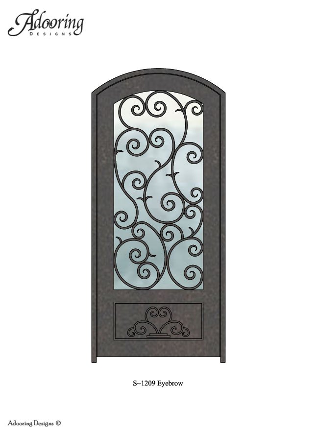 Eyebrow top single iron door with large window and intricate pattern