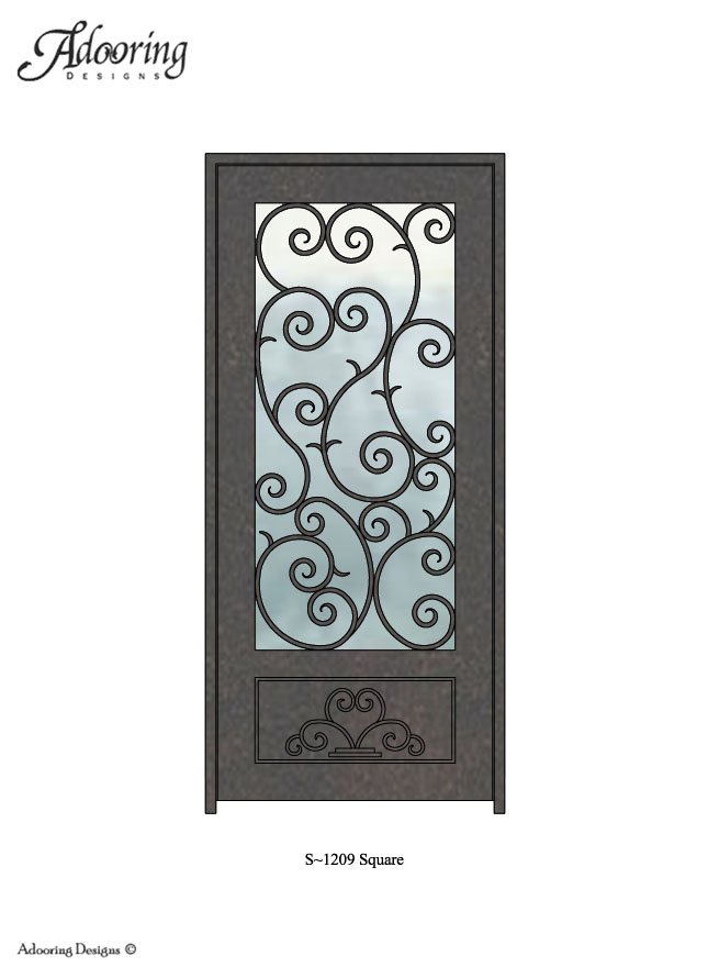 Square top single iron door with large window and intricate pattern