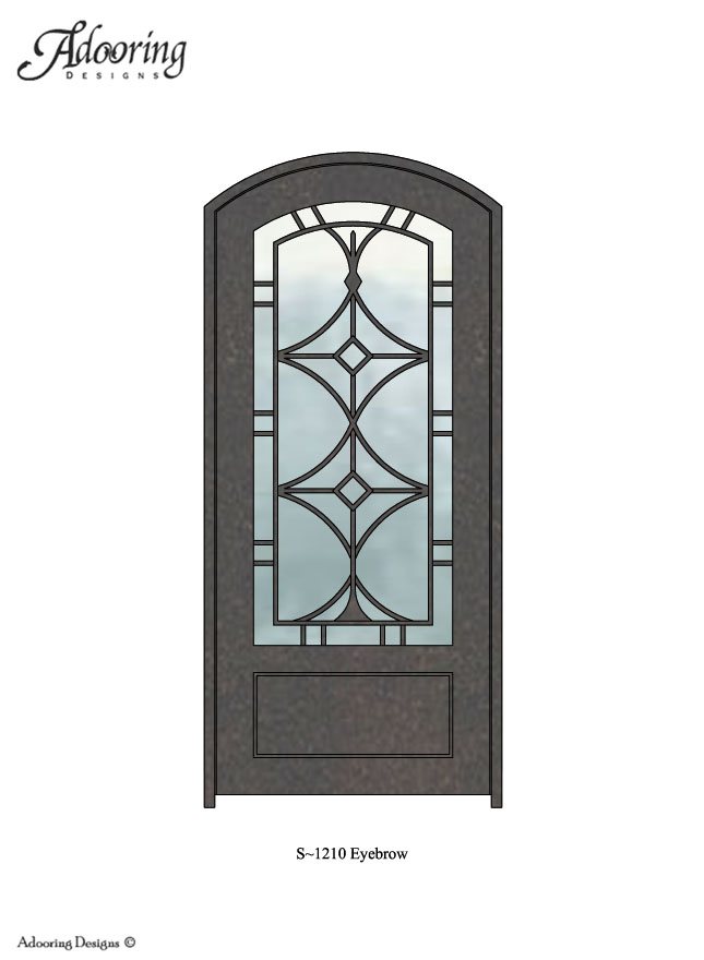 Eyebrow top single iron door with large window and complex pattern