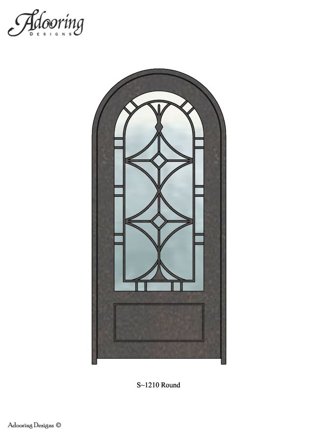 Round top single iron door with large window and complex pattern