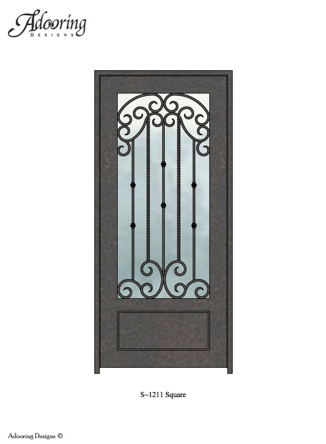 Square top door with large window and intricate ironwork design