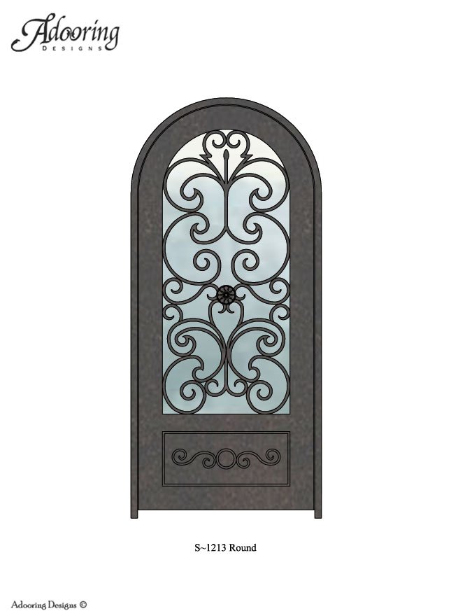Round top door with large window and intricate ironwork pattern
