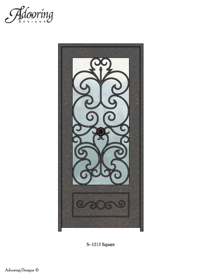 Square top door with large window and intricate ironwork pattern