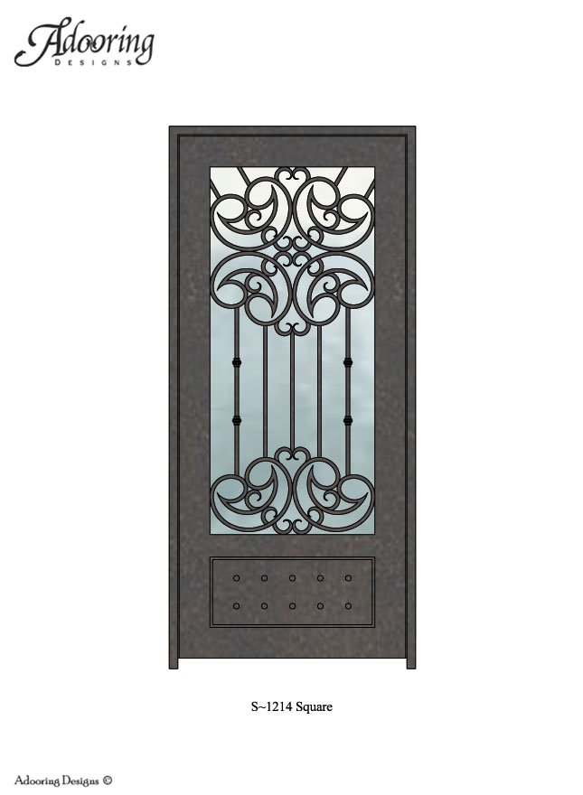 Square top door with large window and complex ironwork pattern