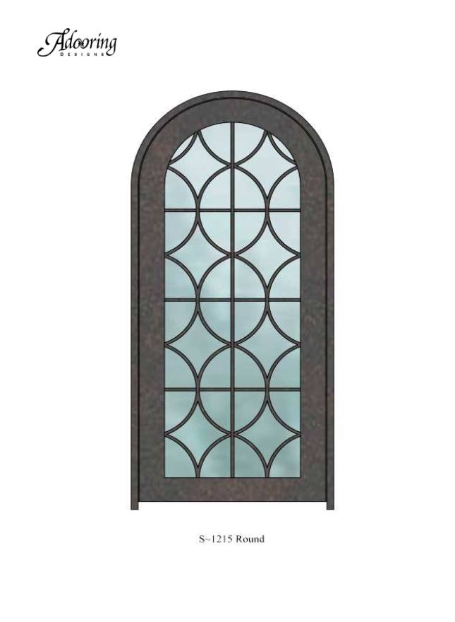 Round top door with large window and complex ironwork pattern