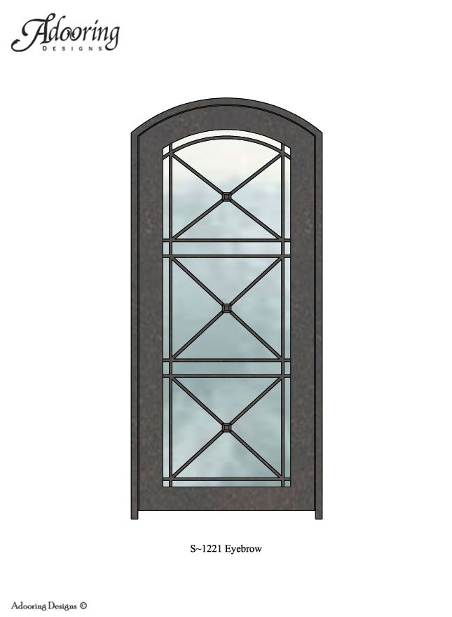 Eyebrow top door with geometric ironwork over large windows