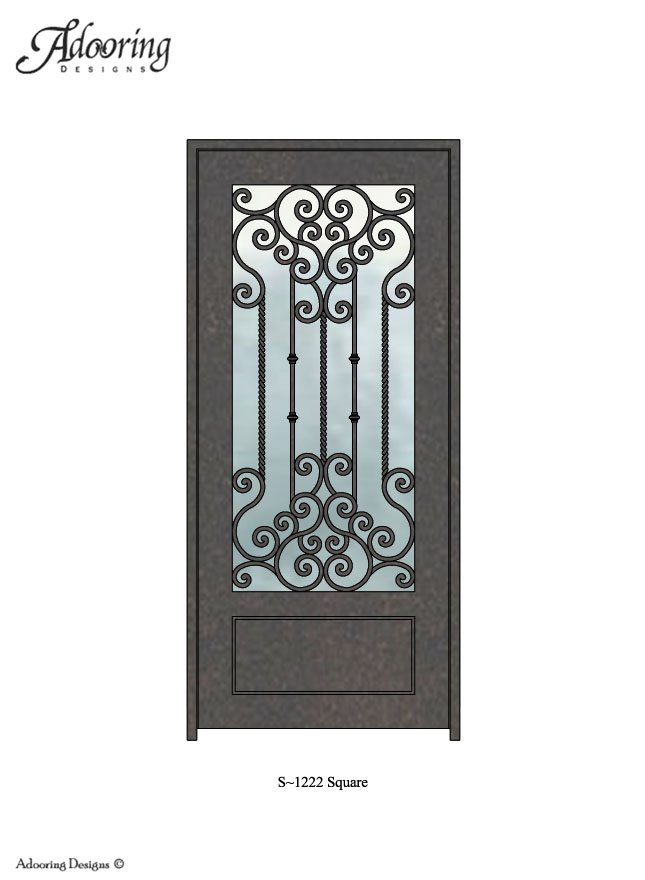 Intricate ironwork design over large window in Square top door