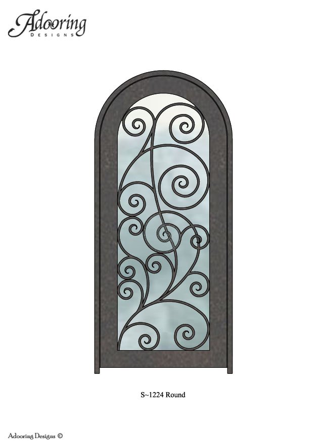 Intricate ironwork pattern over large window in Round top door