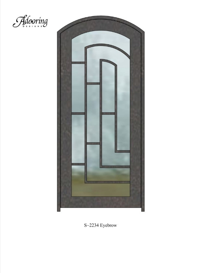 Eyebrow top iron door with large window and complex pattern