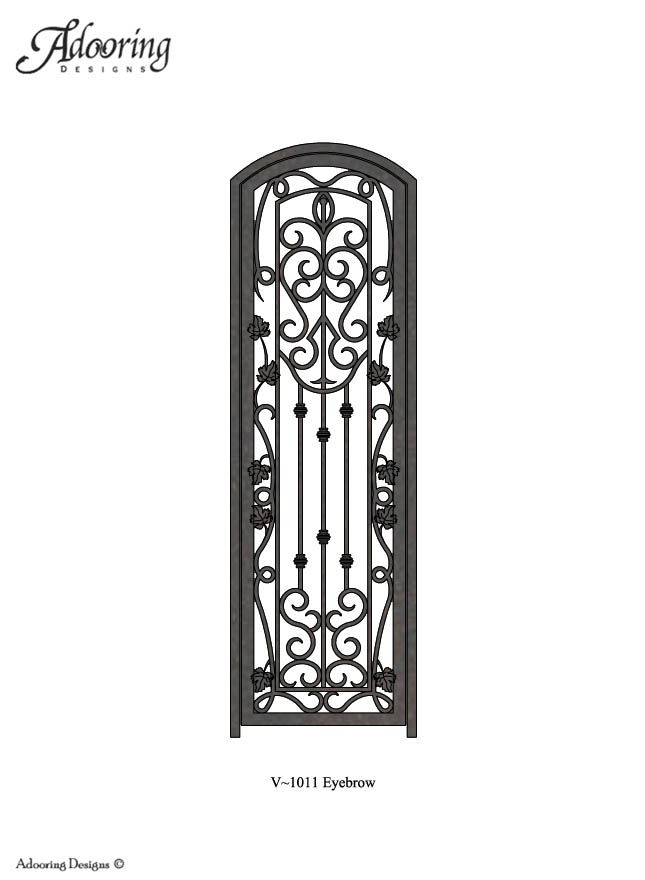 Iron single wine cellar gate with eyebrow top and intricate design