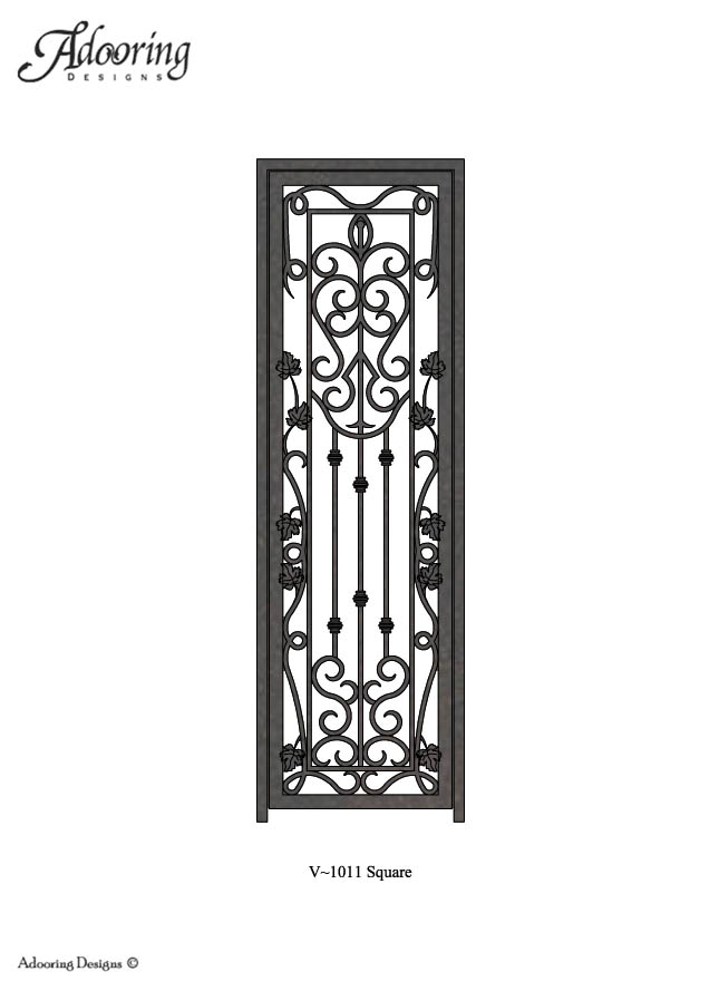 Iron single wine cellar gate with square top and intricate design