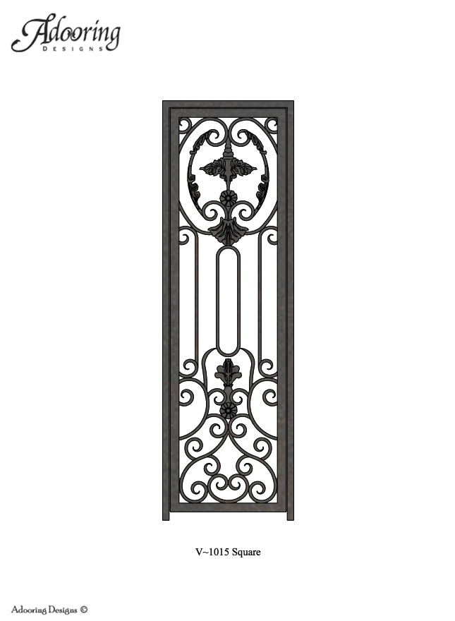 Iron single wine cellar gate with square top and intricate pattern